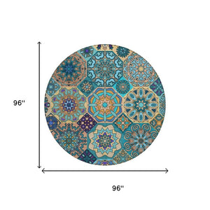 8 Ft Round Patchwork Teal Polyester Area Rug Washable Stain Resistant Indoor Outdoor