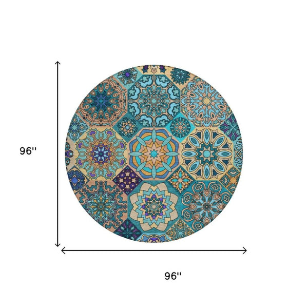 8 Ft Round Patchwork Teal Polyester Area Rug Washable Stain Resistant Indoor Outdoor