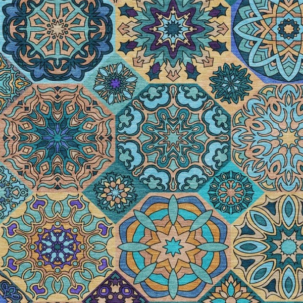 8x10 Teal Turquoise Patchwork Polyester Area Rug Washable Stain Resistant Indoor Outdoor