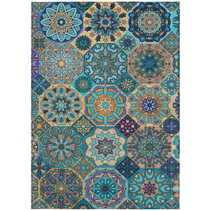 8x10 Teal Turquoise Patchwork Polyester Area Rug Washable Stain Resistant Indoor Outdoor