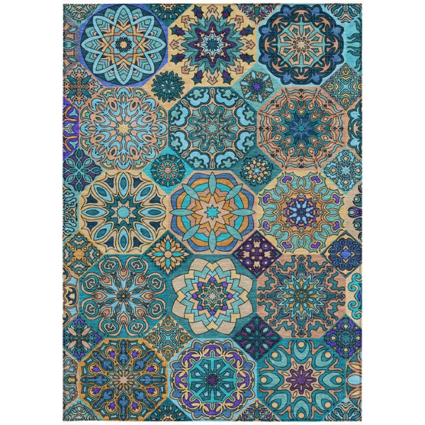 8x10 Teal Turquoise Patchwork Polyester Area Rug Washable Stain Resistant Indoor Outdoor