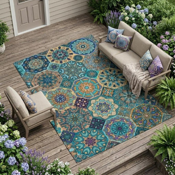 9 X 12 Teal Patchwork Polyester Area Rug Washable Stain Resistant Indoor Outdoor
