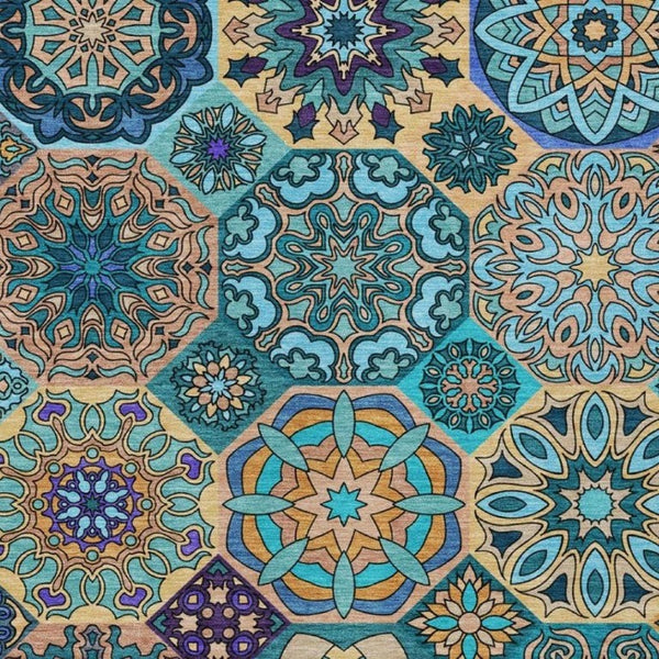 9 X 12 Teal Patchwork Polyester Area Rug Washable Stain Resistant Indoor Outdoor