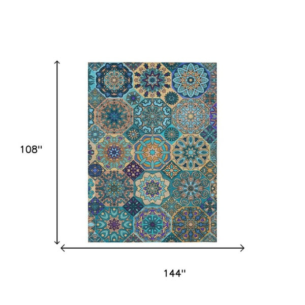 9 X 12 Teal Patchwork Polyester Area Rug Washable Stain Resistant Indoor Outdoor
