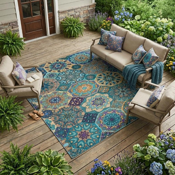 10 X 14 Teal Turquoise Patchwork Polyester Rug Stain Resistant Indoor Outdoor