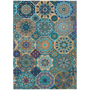 HomeRoots 10 X 14 Teal Turquoise Patchwork Polyester Rug Stain Resistant Indoor Outdoor 739300