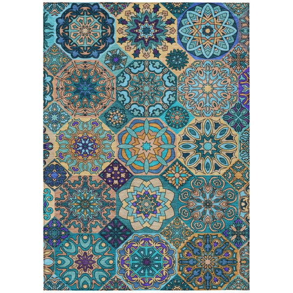 HomeRoots 10 X 14 Teal Turquoise Patchwork Polyester Rug Stain Resistant Indoor Outdoor 739300