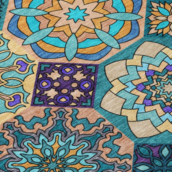 10 X 14 Teal Turquoise Patchwork Polyester Rug Stain Resistant Indoor Outdoor