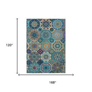 10 X 14 Teal Turquoise Patchwork Polyester Rug Stain Resistant Indoor Outdoor