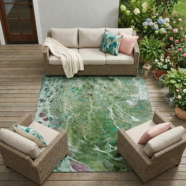 10 X 14 Abstract Green Polyester Area Rug Washable Stain Resistant Indoor Outdoor