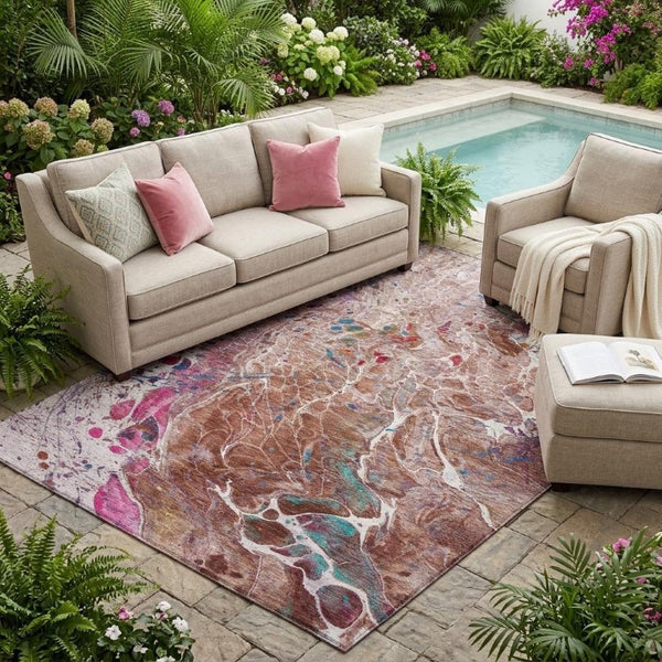 5 X 8 Abstract Orange Blush Washable Polyester Rug for Patio Porch or Living Room