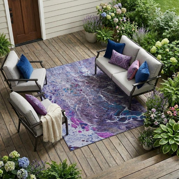 10 X 14 Plum Purple Abstract Polyester Area Rug Washable Indoor Outdoor Patio