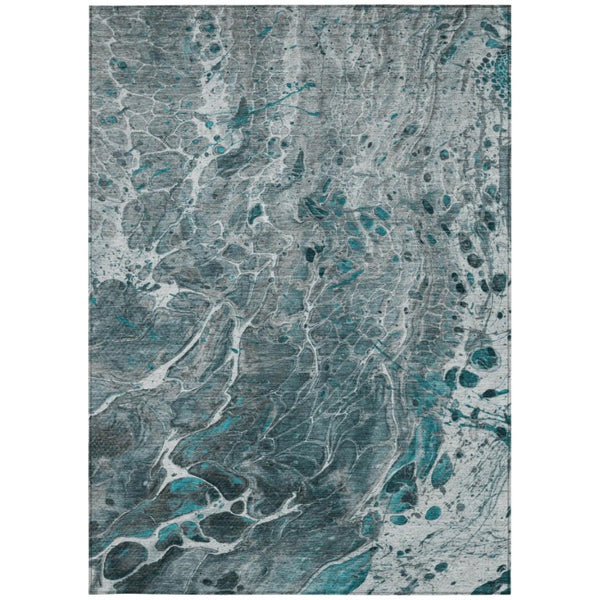 5x8 Teal Gray Abstract Polyester Area Rug Washable Stain Resistant Indoor Outdoor