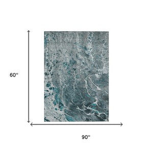 5x8 Teal Gray Abstract Polyester Area Rug Washable Stain Resistant Indoor Outdoor