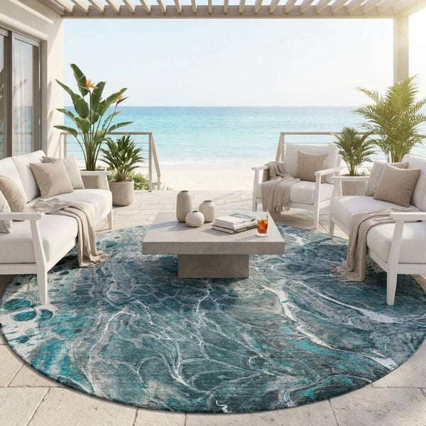 8 Ft Round Abstract Polyester Area Rug Teal Gray Washable for Patio or Living Room