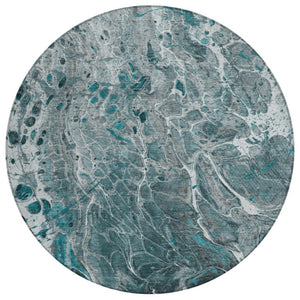 HomeRoots 8 Ft Round Abstract Polyester Area Rug Teal Gray Washable for Patio or Living Room 739345