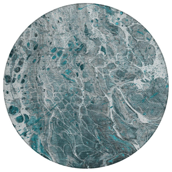 HomeRoots 8 Ft Round Abstract Polyester Area Rug Teal Gray Washable for Patio or Living Room 739345