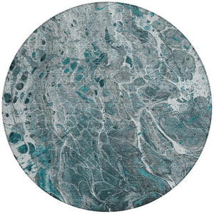 8 Ft Round Abstract Polyester Area Rug Teal Gray Washable for Patio or Living Room