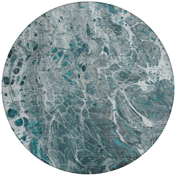 8 Ft Round Abstract Polyester Area Rug Teal Gray Washable for Patio or Living Room