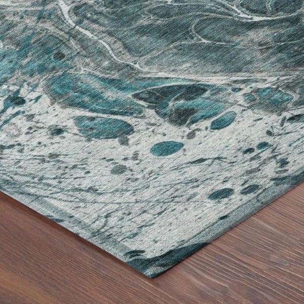 8 Ft Round Abstract Polyester Area Rug Teal Gray Washable for Patio or Living Room