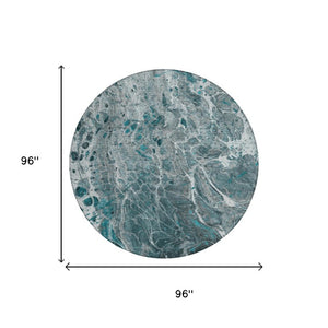 8 Ft Round Abstract Polyester Area Rug Teal Gray Washable for Patio or Living Room