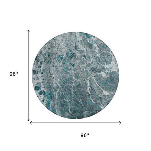 8 Ft Round Abstract Polyester Area Rug Teal Gray Washable for Patio or Living Room