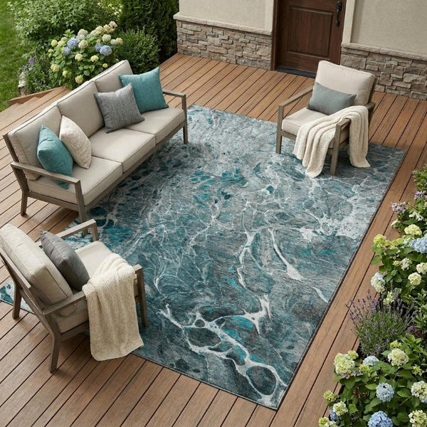 9 X 12 Abstract Teal Gray Washable Polyester Rug for Indoor Outdoor Living