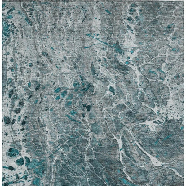 9 X 12 Abstract Teal Gray Washable Polyester Rug for Indoor Outdoor Living
