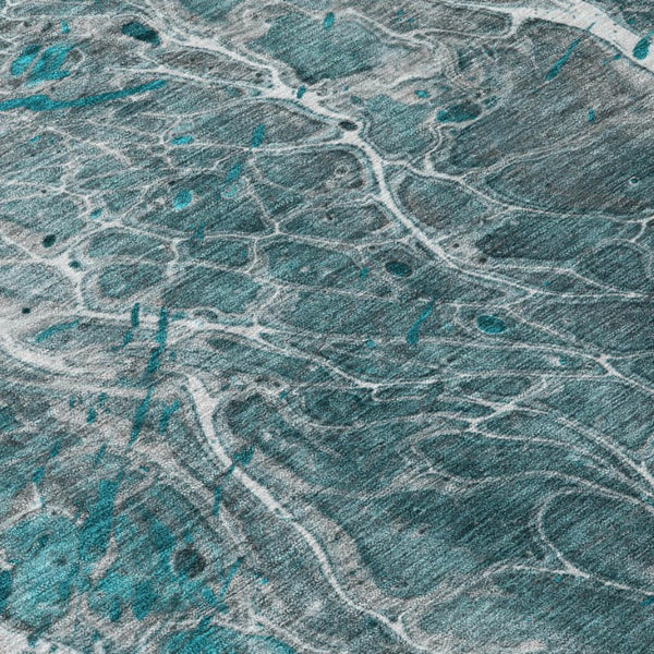 9 X 12 Abstract Teal Gray Washable Polyester Rug for Indoor Outdoor Living