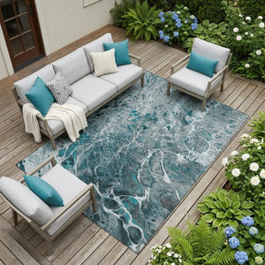 10 X 14 Teal Gray Abstract Polyester Area Rug Washable Stain Resistant Patio