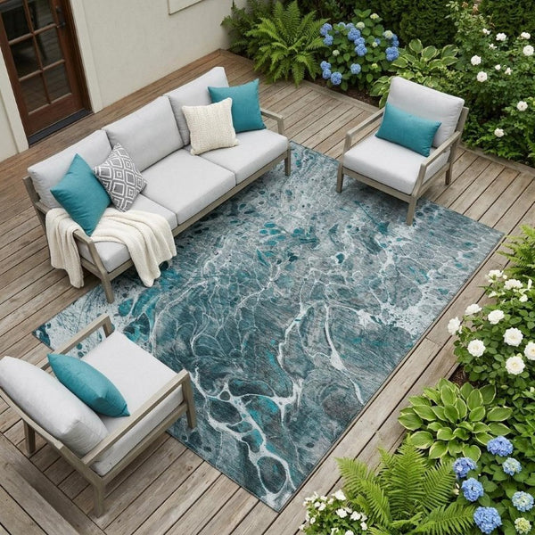 10 X 14 Teal Gray Abstract Polyester Area Rug Washable Stain Resistant Patio