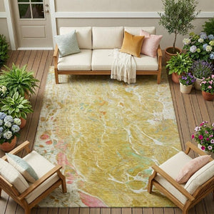10 X 14 Gold Wheat Abstract Polyester Area Rug Stain Resistant Indoor Outdoor