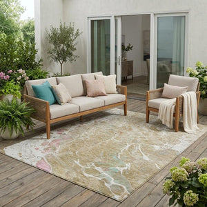 5 X 8 Abstract Khaki Brown Polyester Indoor Outdoor Rug Stain Resistant Easy Care