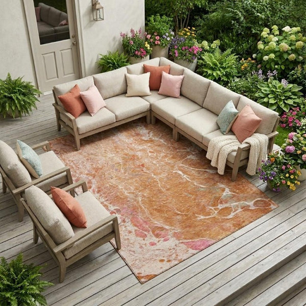 9x12 Abstract Washable Polyester Area Rug Salmon Orange Indoor Outdoor Patio