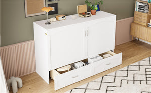 English Elm Queen Murphy Wall Bed with Drawers Usb Charging Ports Pulley Lift Mdf Cabinet White LP100671AAK-1