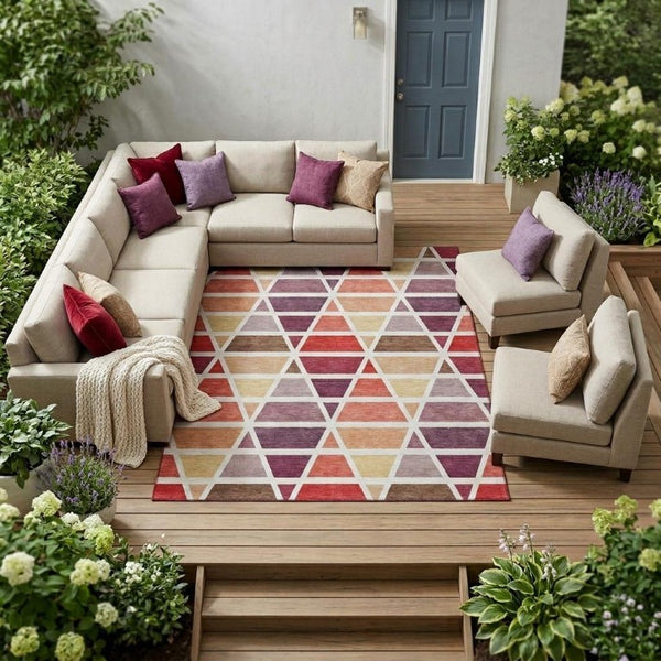 10 X 14 Red White Geometric Polyester Area Rug Washable for Indoor Outdoor Use