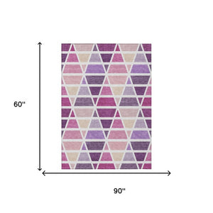 5 X 8 Geometric Polyester Area Rug Washable Pink Design for Patio or Living Room