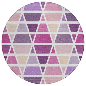 HomeRoots 8 Ft Round Geometric Polyester Area Rug Washable Pink Pattern for Patio or Kitchen 739411