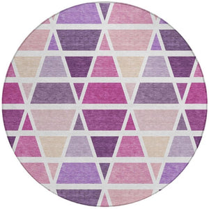 8 Ft Round Geometric Polyester Area Rug Washable Pink Pattern for Patio or Kitchen