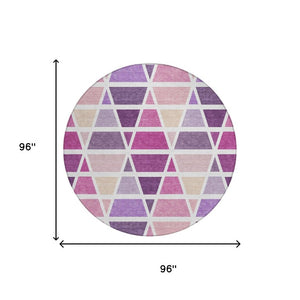 8 Ft Round Geometric Polyester Area Rug Washable Pink Pattern for Patio or Kitchen