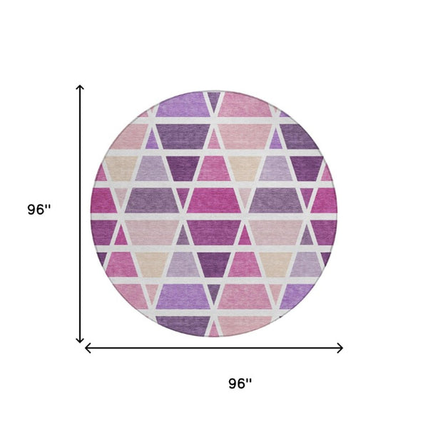 8 Ft Round Geometric Polyester Area Rug Washable Pink Pattern for Patio or Kitchen