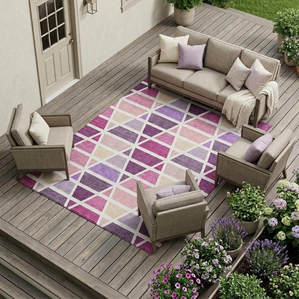 10 Ft X 14 Ft Geometric Polyester Indoor Outdoor Rug Pink Washable Patio Decor