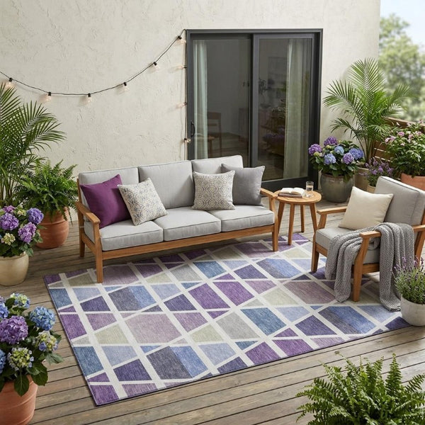5 X 8 Purple Geometric Polyester Area Rug Washable Stain Resistant Indoor Outdoor
