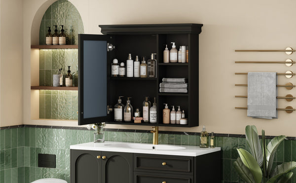 English Elm 30'' Wall-Mounted Medicine Cabinet with Mirror and Adjustable Shelves, Modern MDF Storage Organizer Black N710P209425B