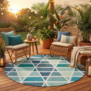 8 Ft Round Geometric Teal Polyester Rug Washable for Patio Porch or Family Room