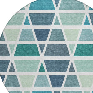 8 Ft Round Geometric Teal Polyester Rug Washable for Patio Porch or Family Room