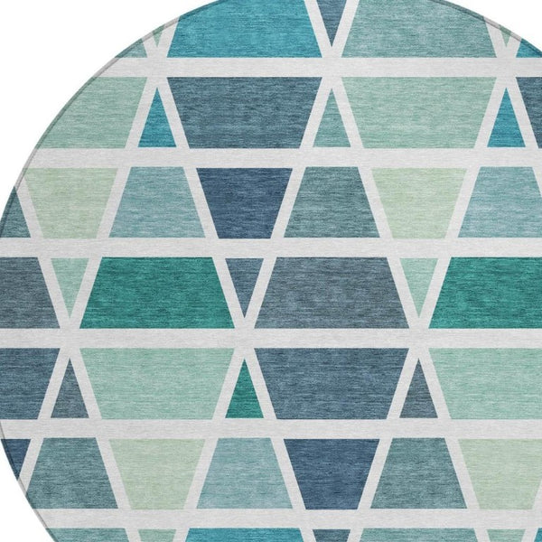8 Ft Round Geometric Teal Polyester Rug Washable for Patio Porch or Family Room