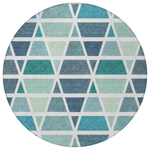 8 Ft Round Geometric Teal Polyester Rug Washable for Patio Porch or Family Room