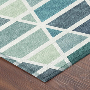 8 Ft Round Geometric Teal Polyester Rug Washable for Patio Porch or Family Room