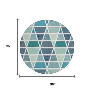 8 Ft Round Geometric Teal Polyester Rug Washable for Patio Porch or Family Room